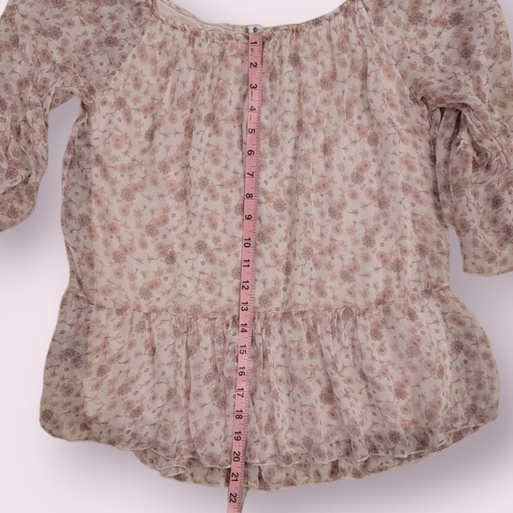 Via Signor Light Pink Floral Print Double Layered Silk Peasant Blouse - Size Med - Picture 7 of 7